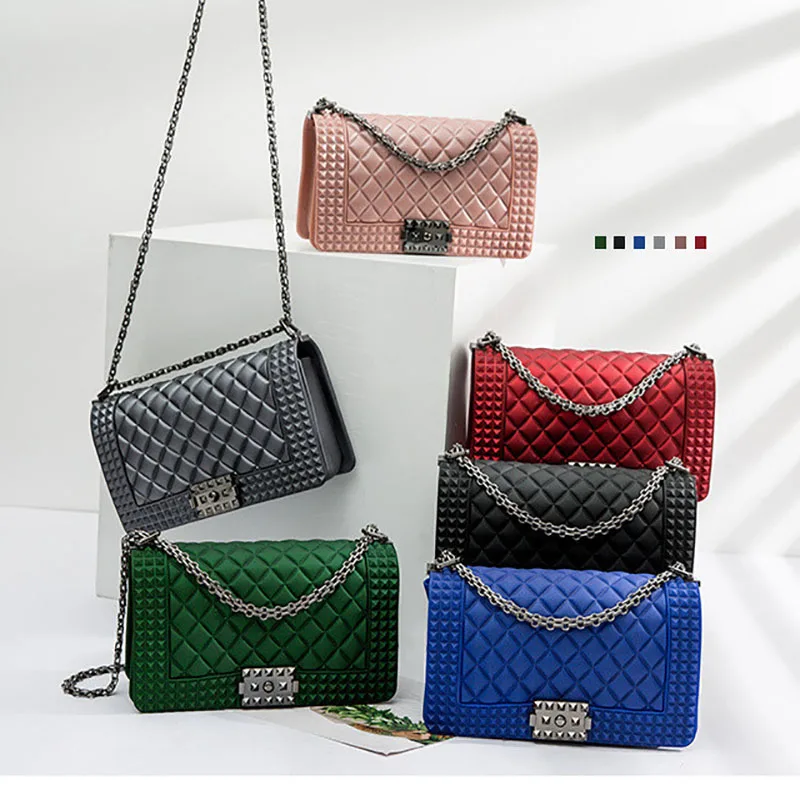 

2020 designer solid color matte pvc jelly bags chain small purses and handbags lady shoulder women crossbody bag