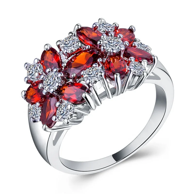 

New fashion women jewelry red zircon ring pop style flower female engagement ring