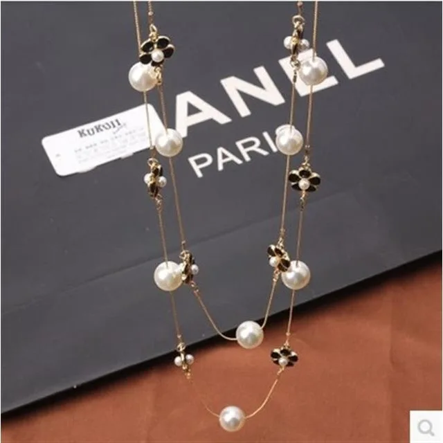 

G377 Fashion Necklace Long Paragraph Autumn And Winter Double Layer Pearl Flower Sweater Chain