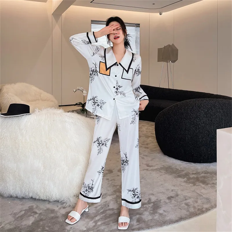

2022 New designer women sleepwear summer ice silk thin long sleeve set Korean pajamas sweet home wear nightgown, White
