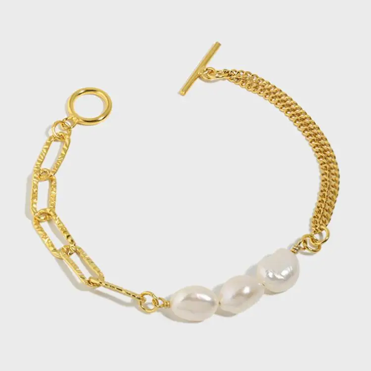 

Toggle Clasp Half Paper Clip Chain Dainty 18k Gold Freshwater pearl Sterling Silver 925 Bracelet women