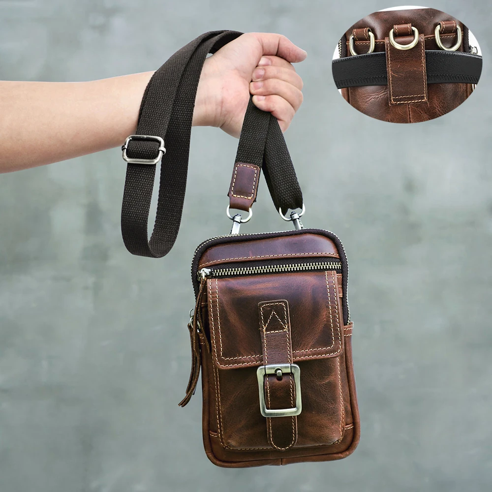 Vintage Genuine Leather Small Crossbody Phone Bag Men Convertible Waist Belt Bag Multi-Pocket Bum Bag With Card Slots Buckle