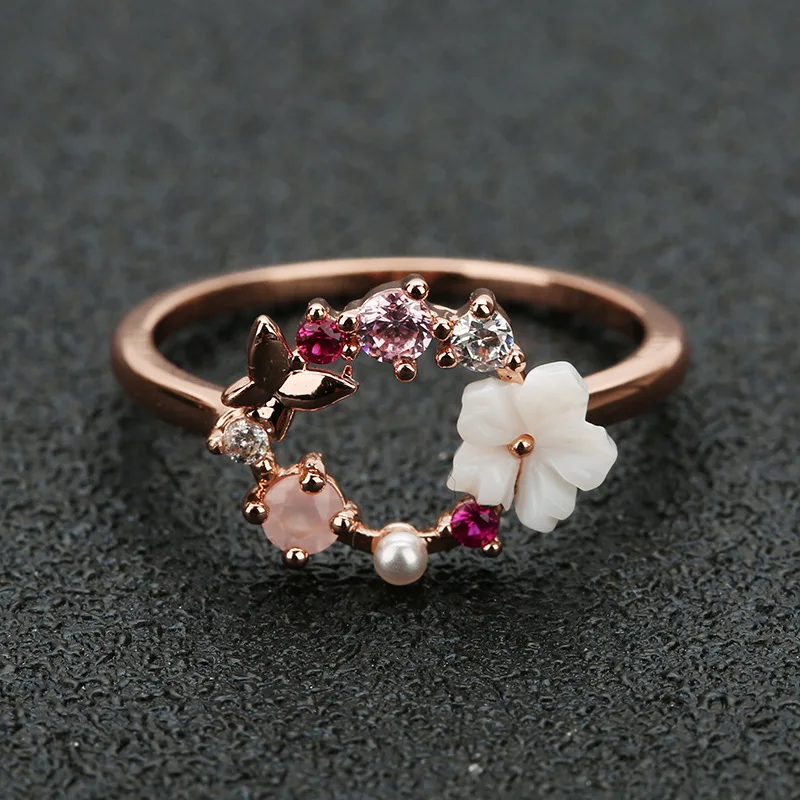 

Fashion Creative Butterfly Flowers Crystal Finger Wedding Rings for Women Rose Gold Zircon Glamour Ring Jewelry Girl Gift