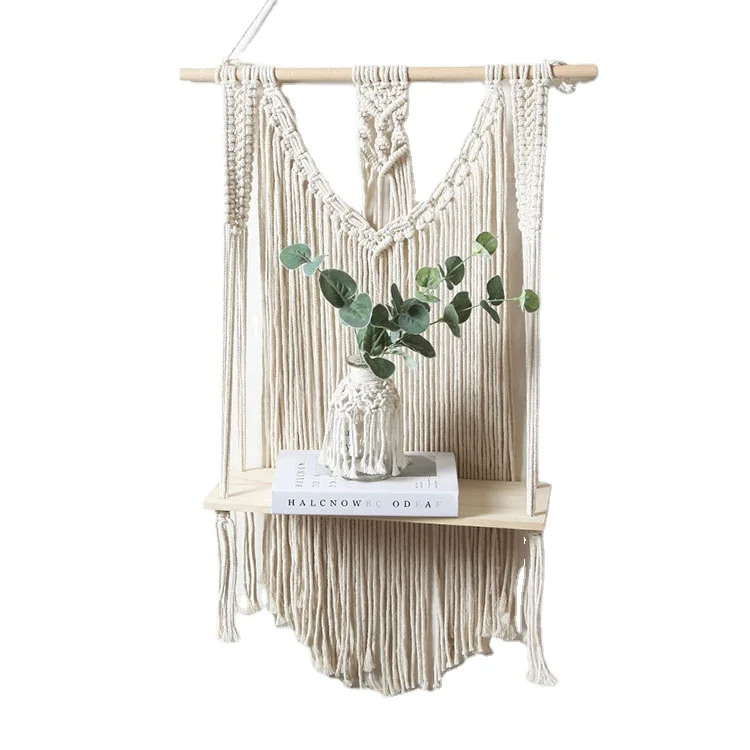 

Macrame Wall Hanging Shelf, Boho Decorative Floating Plants Swing Hanging Shelf Wooden Storage Hanger, White or customized color