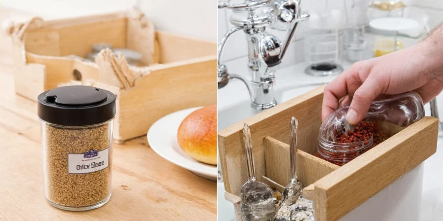 Spice drawer organizer inside a kitchen cabinet