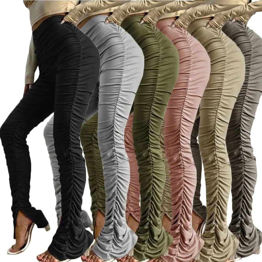 

2022 New Fashion High Waist Casual Trousers Solid Side Split Pants Tight Stacked Pants For Ladies