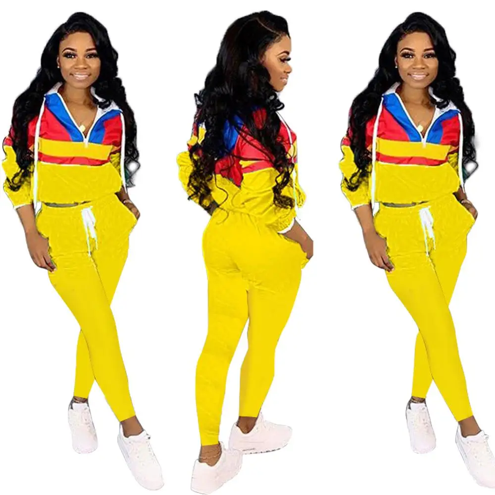 

New arrivals hooded drawstring long sleeve sweater slim pants patchwork outfits womens tracksuits 2 piece set