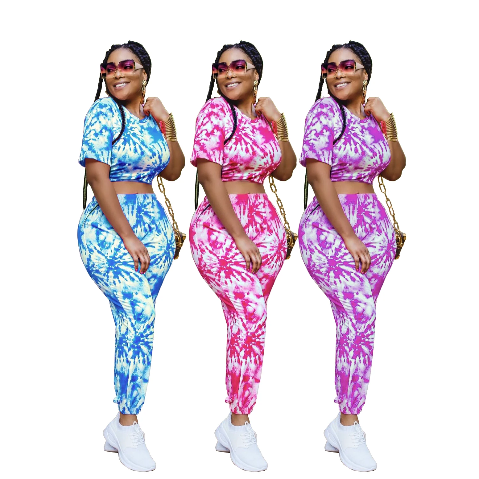 

2021 Good Quality Summer Polyester Tie Dyeing Women Two Piece Set