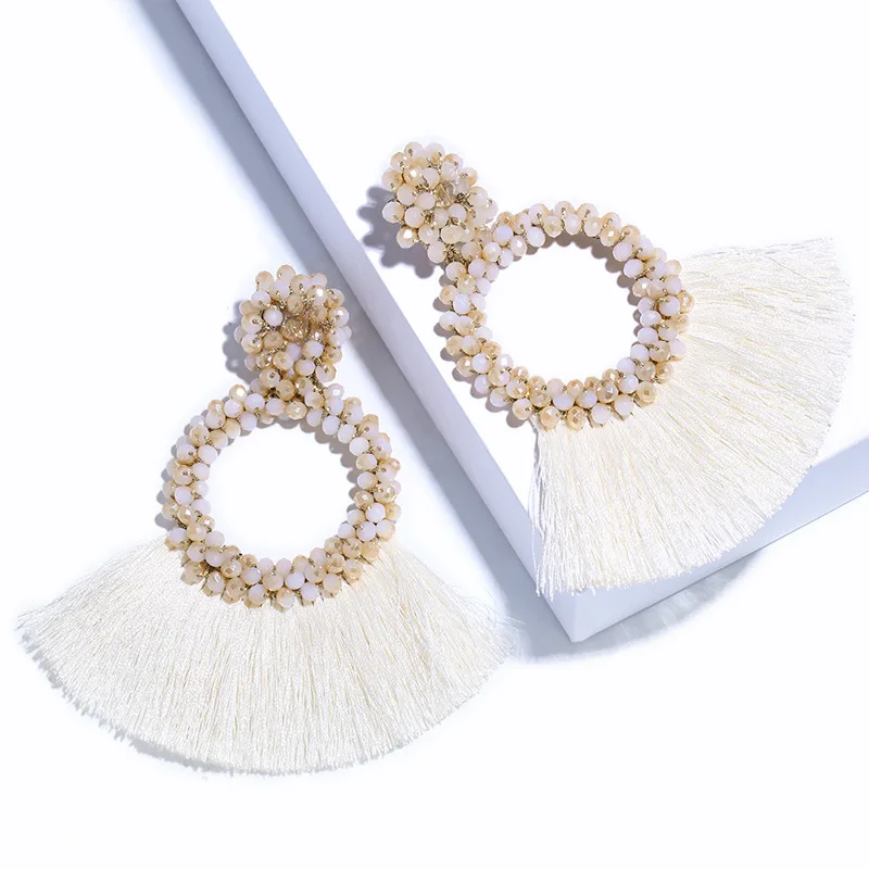 

Latest Boho Ethnic Style Hollow Geometric Round Resin Beads Stud Earrings Handmade Fan Shaped Bohemian Fringe Tassel Earrings