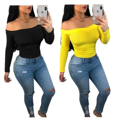 

Fashion Women long sleeve Solid color strapless sexy Crop Top