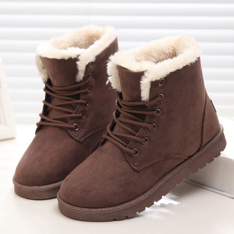 

Women Snow Boots Winter Flat Lace Up Platform Ladies Warm Shoes 2021 New Flock Fur Women's Suede Ankle Boots Female Black Boots