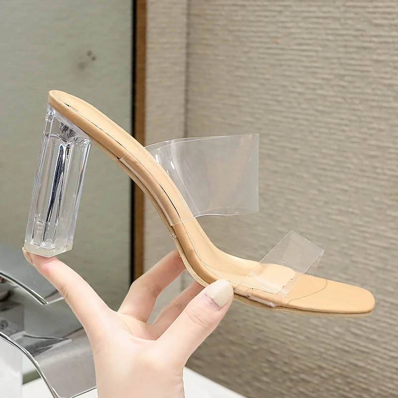 

Transparent high-heeled sandals and slippers of two Heights, Beige