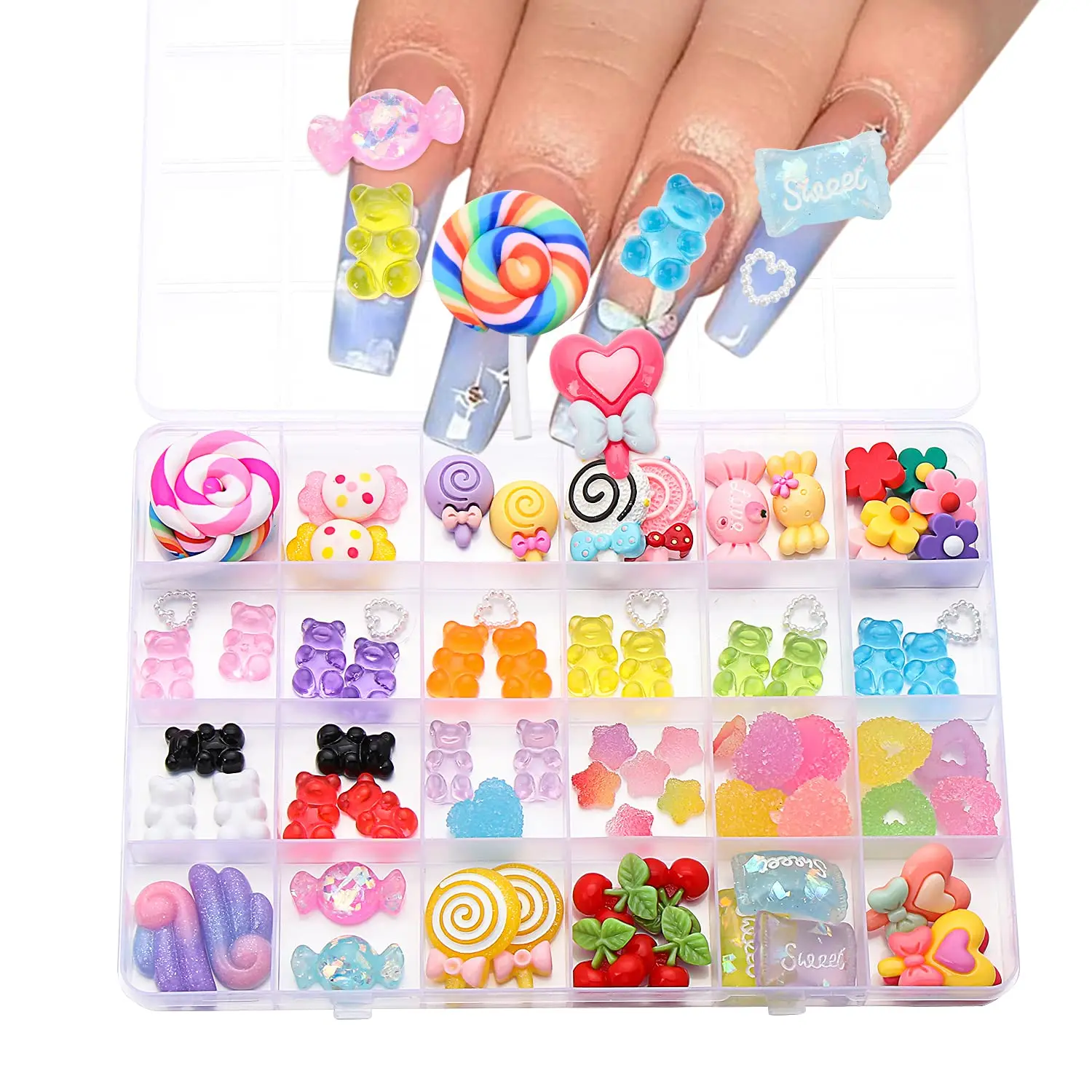 

74PCS/Box 3D Mixed Candy Gummy Bear Nail Charms Kawaii Resin Nail Art Decorations for Acrylic Nail Art Tips, Colorful