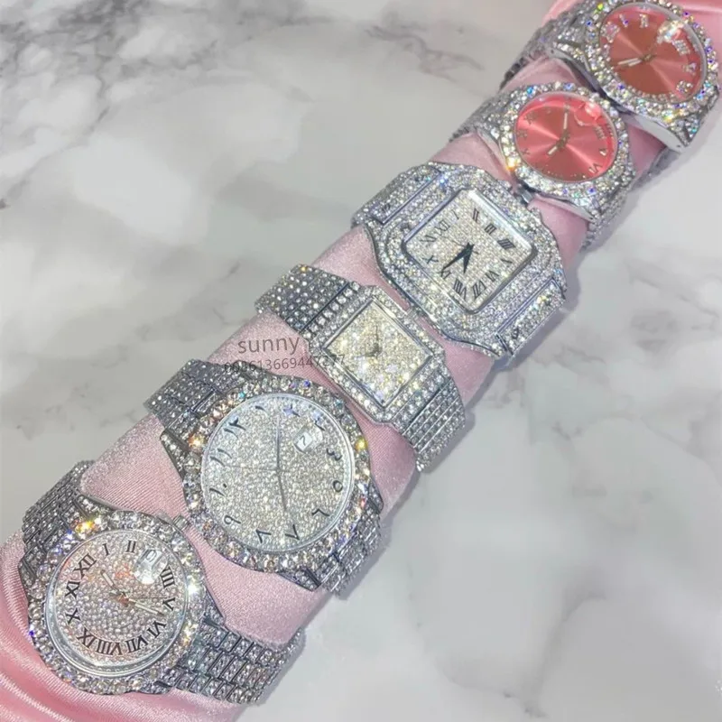 

Luxury Brand Full Iced Out Diamond Girls Watch Pink Digital Square Dial Pink Numbers Watches Hip Hop Rapper Jewelry