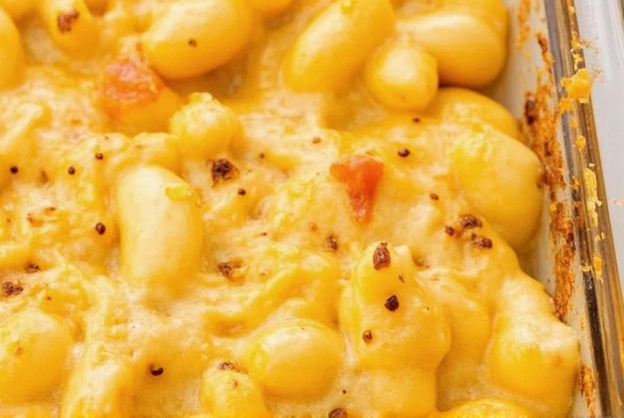 Close-up of creamy pepper jack mac and cheese in baking dish with golden crust and visible pepper flecks