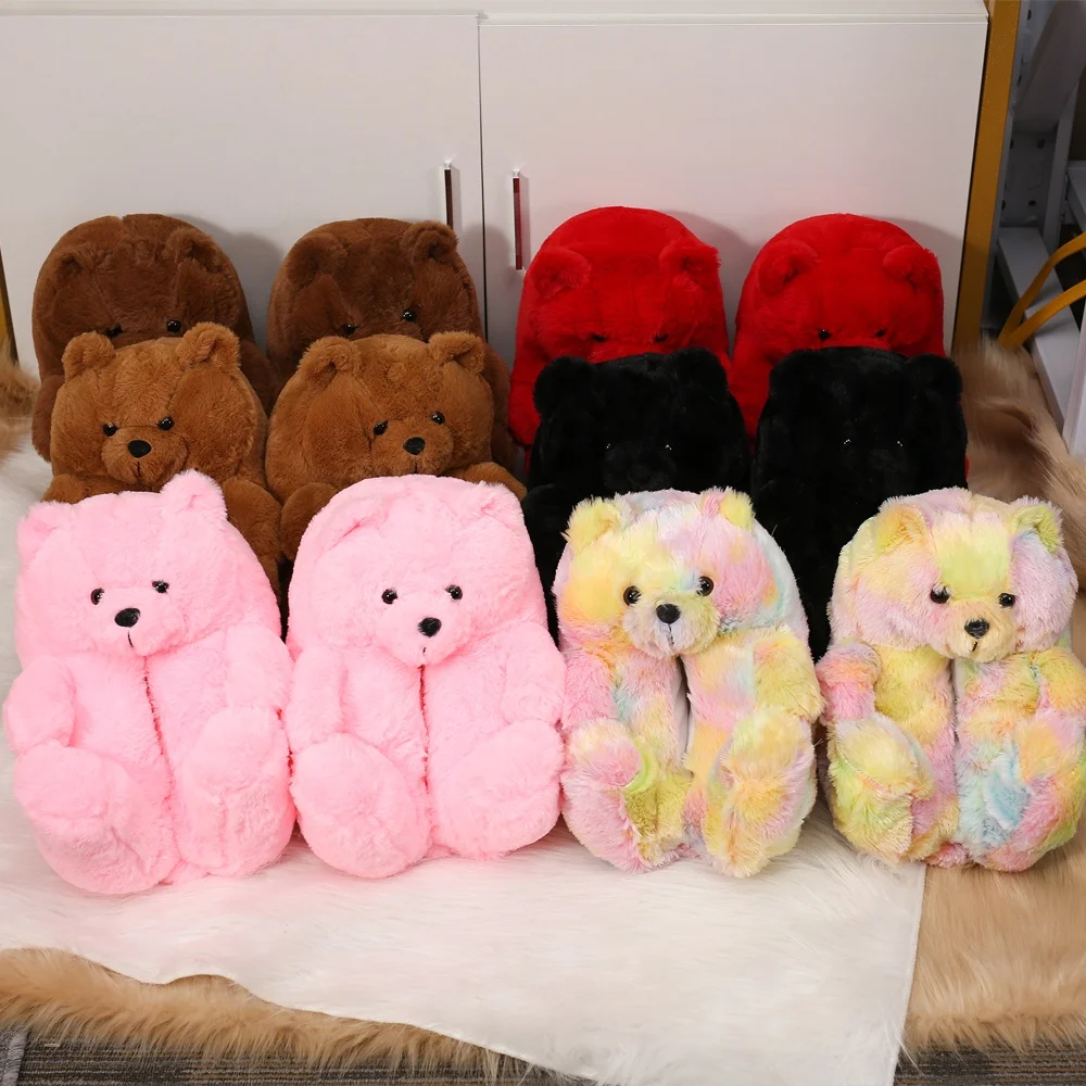 

Luxury winter  fits all warm slippers house fuzzy plush new style mommy and me teddy bear slippers for women