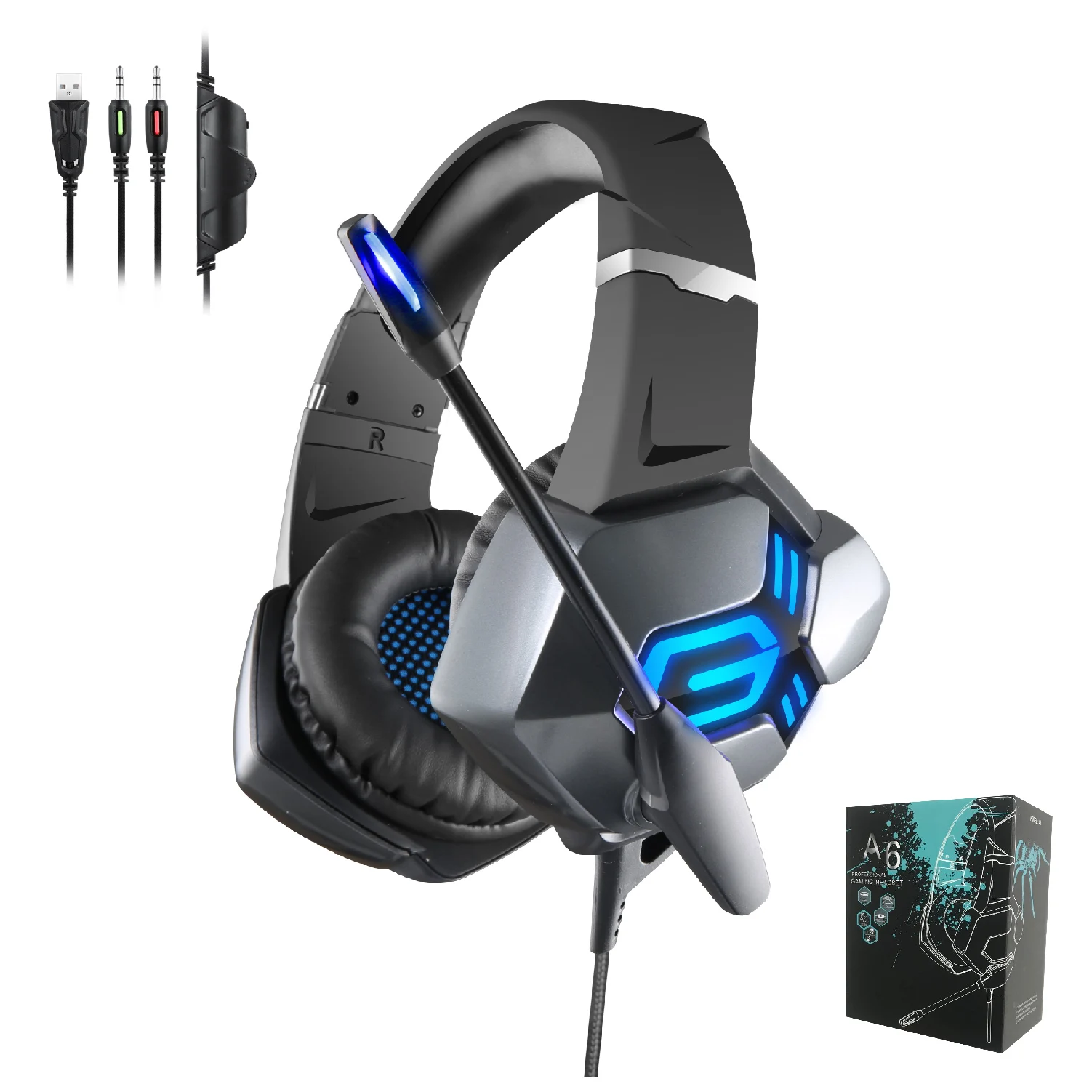 

A6 Fast shipping in stock headphone wholesale deep bass game headset with led for video games with mic