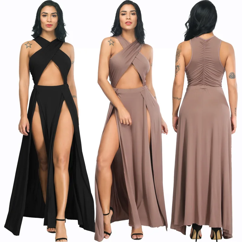 

Summer Plus Size Ladies Irregular Solid Color Split Sexy Club Women Evening Dress, Black, apricot