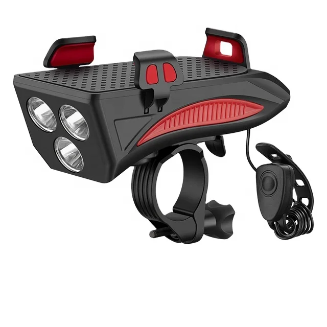 

ROCKBROS USB Rechargeable 4000mAh Bike Light 4 In 1 Multifunctional 130dB Phone Holder Power Bank Waterproof Headlight, Black&red
