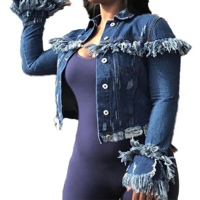 

Ripped Long Sleeve Ruffles Denim Jackets Women
