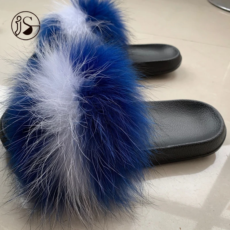 

Fashion 2021 Factory Direct Wholesale Colorful Raccoon Fur Slippers For Women Fur Slippers Big Fluffy Real Furry Slides, Picture