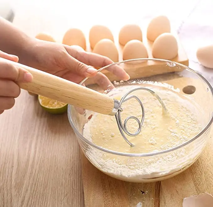 

Danish Dough Whisk Stainless Steel Dutch Style Bread Dough Hand Mixer Wooden Handle Kitchen Baking Tools Artisian Blender