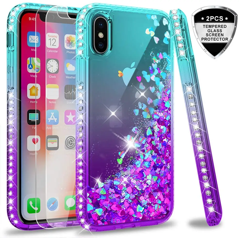 

LeYi For iPhone X iPhone Xs Case with Tempered Glass Screen Protector[2 pack], 3D Glitter Liquid Silicone Phone Cover