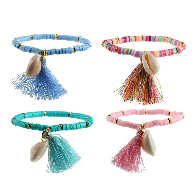 

Boho Summer Beach Bracelet Jewelry Natural Shell Soft Ceramic Beads Tassel Bracelets, Green/blue/multi/pink/purple/white