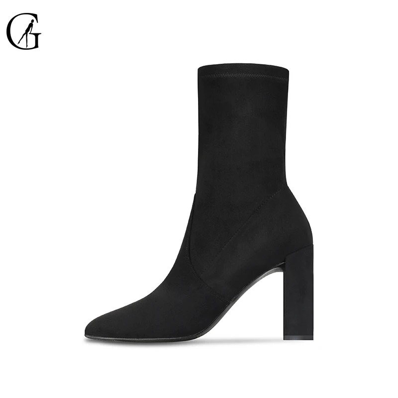 

Goxeou Hot Fashion Women Elastic Ankle Boots Ladies Socks Boots High Heel Block Heels Stretch Shoes Flock Factory Direct Party