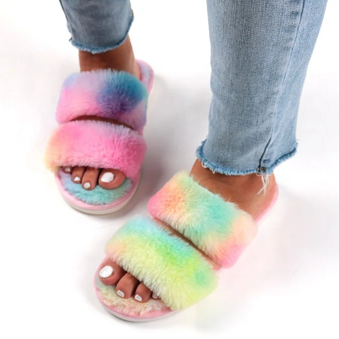 

Colorful Fur Thick Sole Autumn Fluffy Women Slippers Shoes Platform Slippers Flat Bottomed Large Size 45 Women Sandals, Mixed