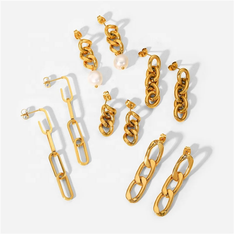 

Wholesale Waterproof Stainless Steel 18K PVD Gold Geometric Long Cuban Link Chain Baroque Pearl Stud Drop Earring Women Jewelry
