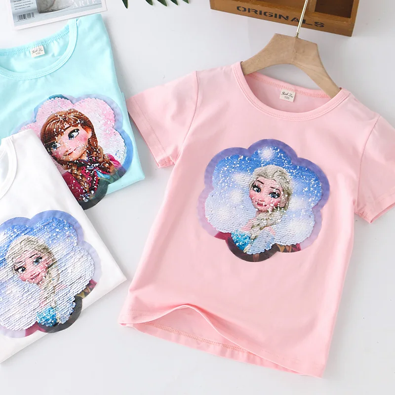 

Summer Snow Queen Anna Elsa Princess Reversible Sequin Girls T-shirts Candy Color Short sleeve Tees Children Kids Tops Clothes, White, pink, light blue