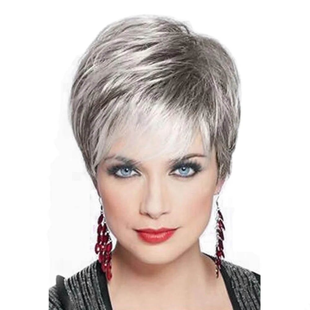 

BVR High Quality Grandma Gray Cut Short Straight Human Blended Ladies Hair Wigs