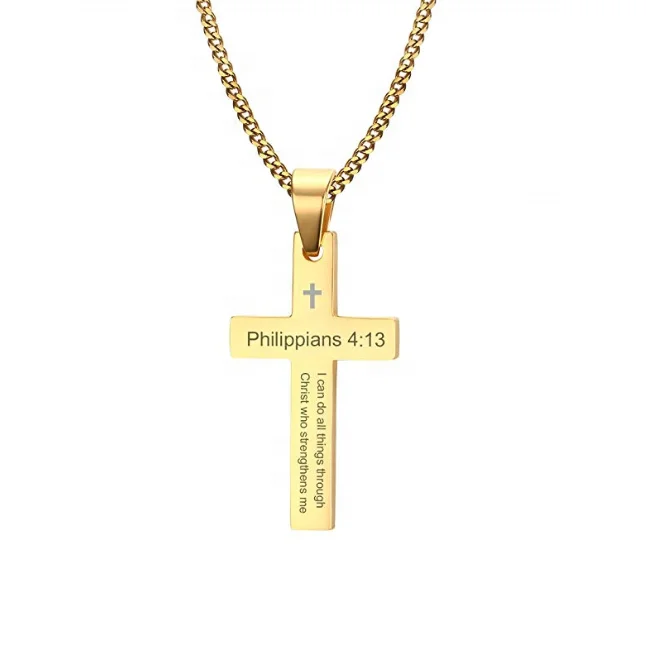 

Men's 18k Gold Plated Engraved Stainless Steel Philippian 4 13 Christian Cross Pendant Bible Verse Necklace
