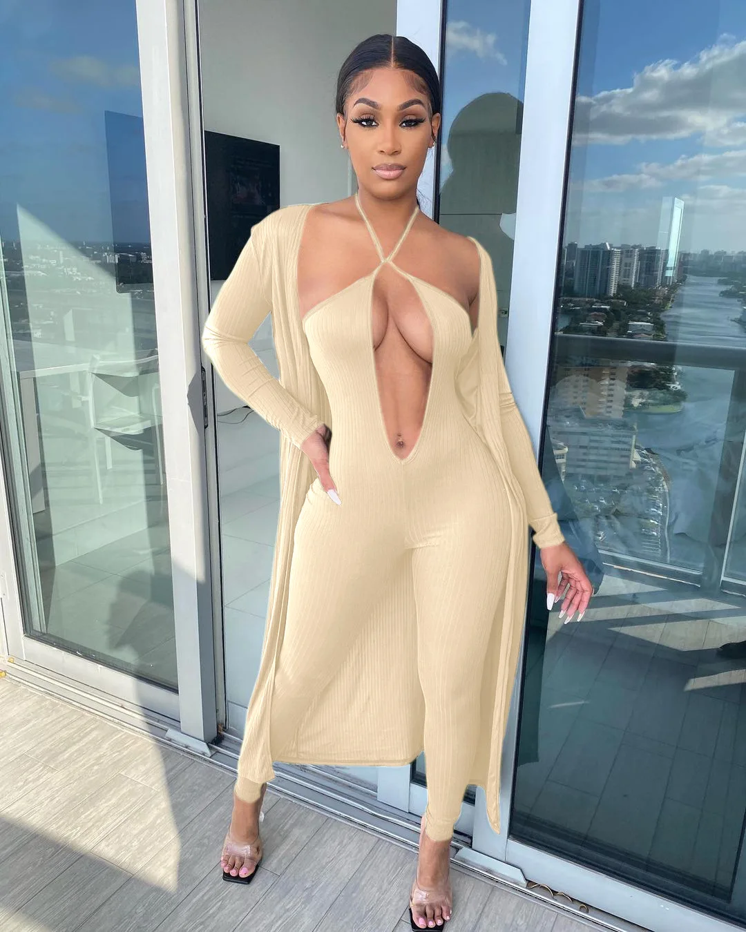 

Sexy Sling Deep v Neck Halter Jumpsuit Tracksuit Long Sleeve Ribbed Cardigan Solid Color Two Piece Sets For Women, Shown