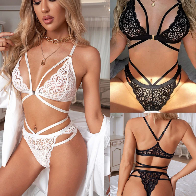 

2022 Summer New Arrivals Underwear Set White Strappy Lace Womens Bralette Set Sexy Female Underwear