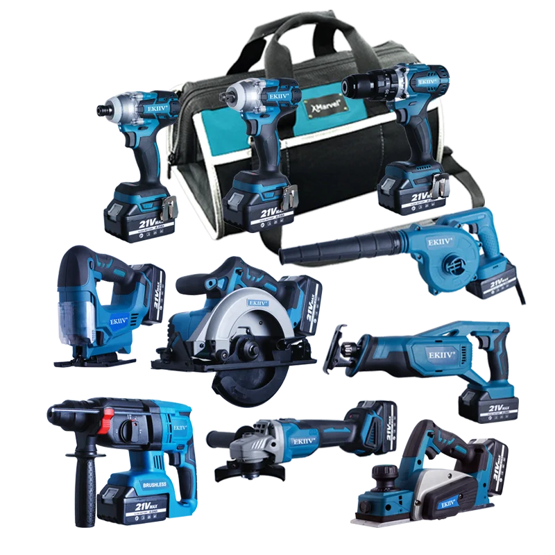 

EKIIV Power tools CK2110 Ten in one electric 4.0ah 5.0ah brushless cordless impact drill circular saws wrench 21v combo kit set, Blue