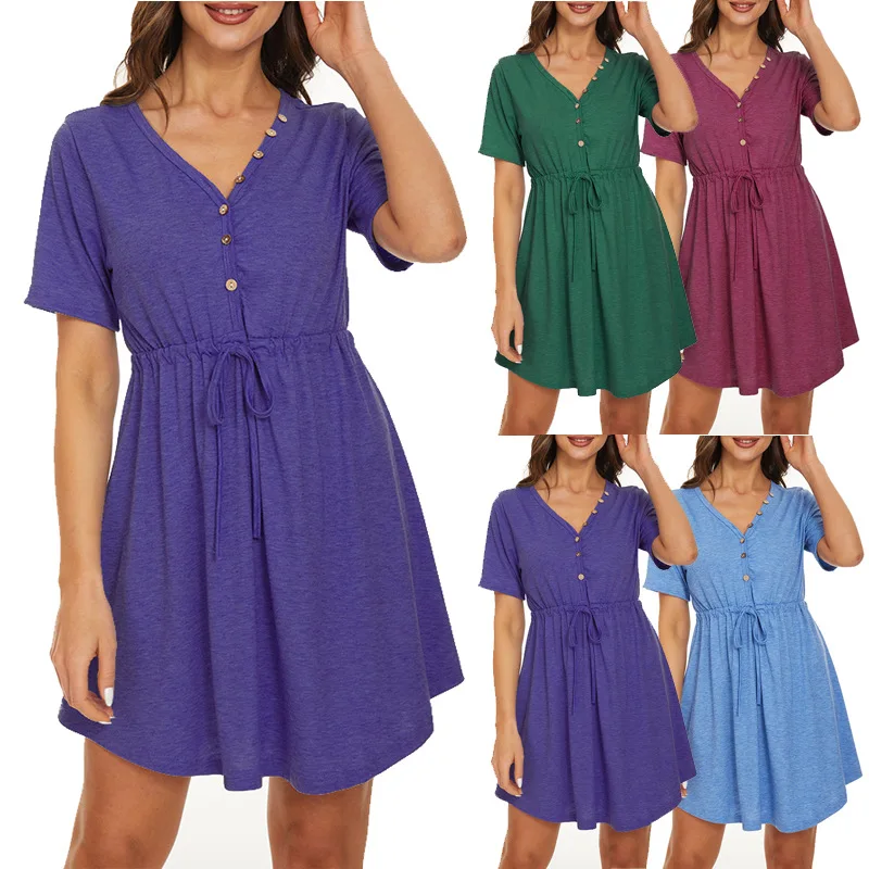 

Newest Design 2022 Spring Summer Women Solid Color V Neck Fashion Long Sleeve Button Belt Dress