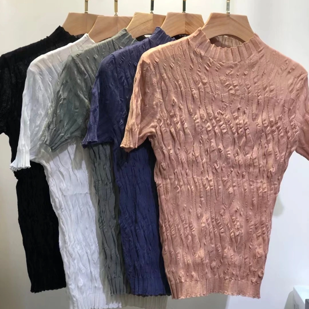 

100% Cotton O-Neck T Shirt Women Half Sleeved Pleated High quality Casual Slim Tops Summer Female Knit T-Shirt
