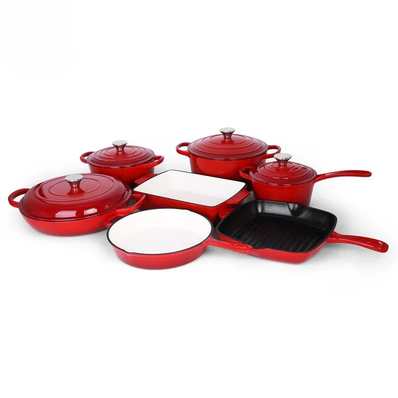 11pcs  Kitchen Cooking Tools Seafood Saucepan  Red Enameled Cast Iron Soup Pot Casserole With Lid