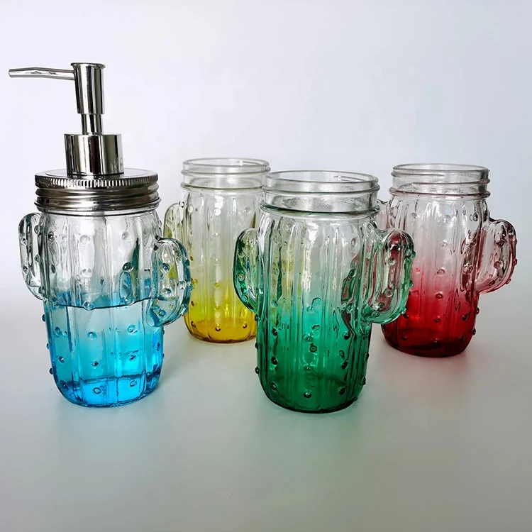 Colored 420ml Cactus Shaped Glass Mason Mug with Straw Lid for