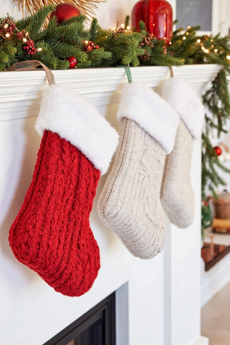 Vintage ladder decorated with Christmas stockings