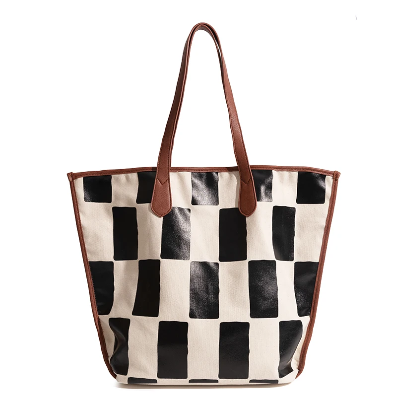 

New design Checked printing pattern fresh style fashion handbags PU leather handle canvas custom logo women hand bags, Customizable
