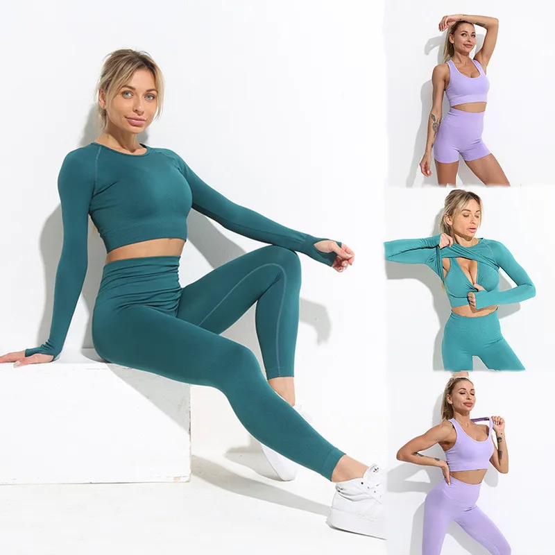 

2021 Autumn Hot Sale Women Yoga Suit Seamless Gym Clothing Solid Color Sportswear Breathable gym fitness sets