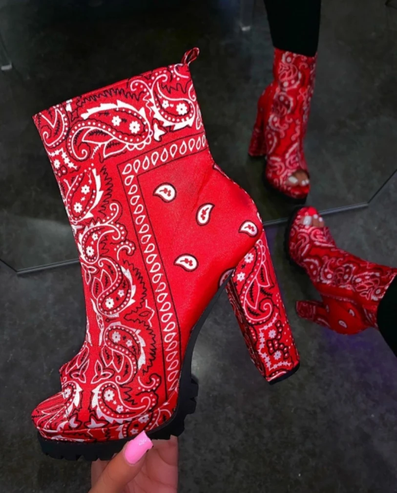 

2020 New lady boots European and American trade large size sexy fish mouth cashew satin high heeled woman shoes for women boots