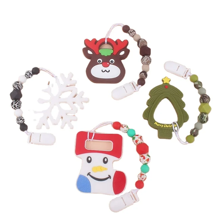 

M1516 Christmas Nipple Chain Teether Set Santa Xmas Tree Deer Silicone Teethers Pacifier Clips, As photo