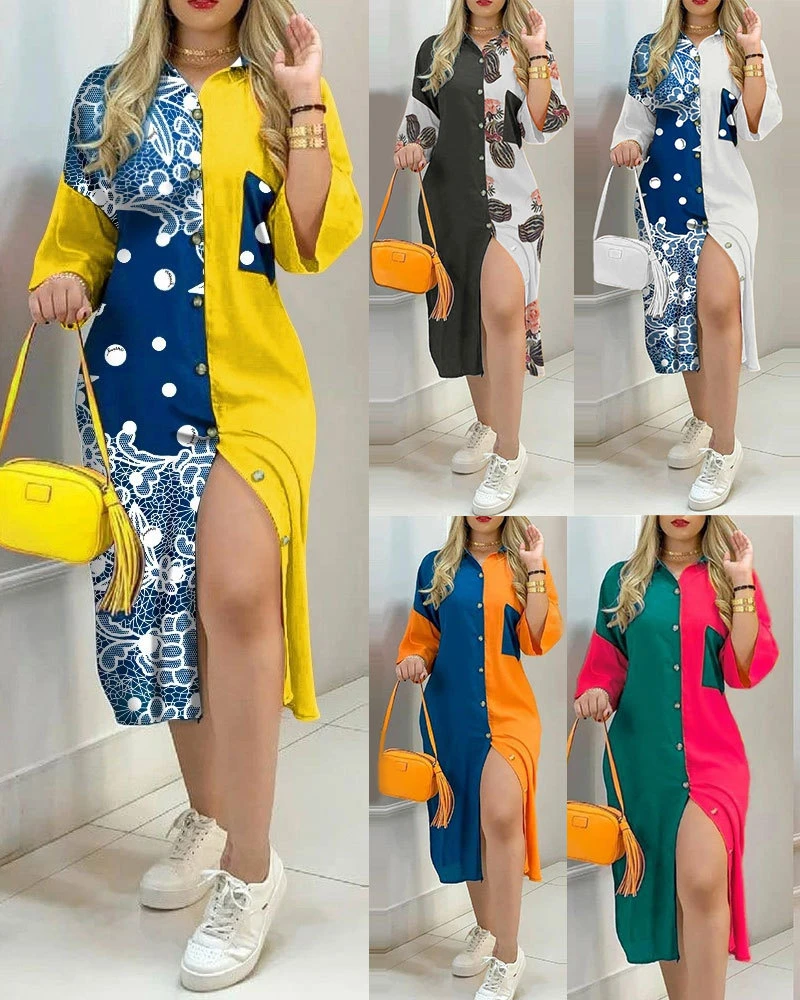 

Large size dress summer new style pocket button mid-sleeve skirt contrast color lapel dress women