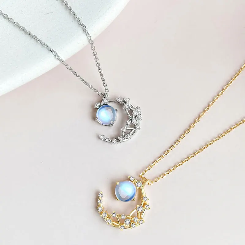 

Fashion Rhinestone Crystal Star Cute Shiny Moonstone Crescent Moon Pendant Necklace Clavicle Chain For Women Jewelry, Picture