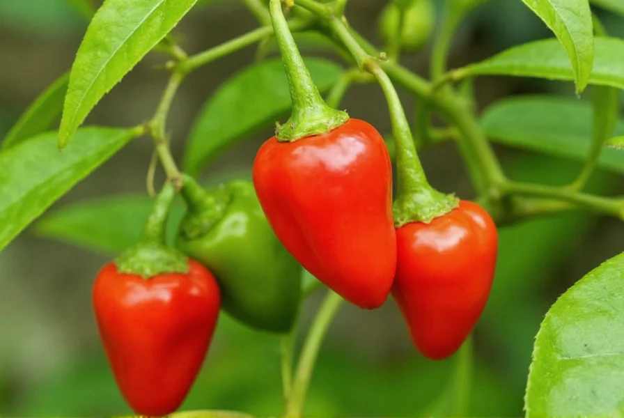 Close-up view of vibrant orange and red Scotch Bonnet chillies on plant