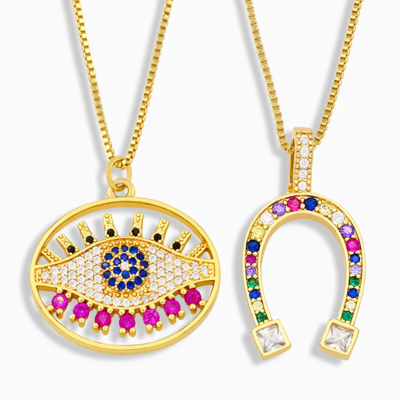 

Ding yi New Horseshoe U-shaped Necklace Female Personality Inlaid Colored Zircon Eye Pendant 18K Gold Plated Necklace, Colorful